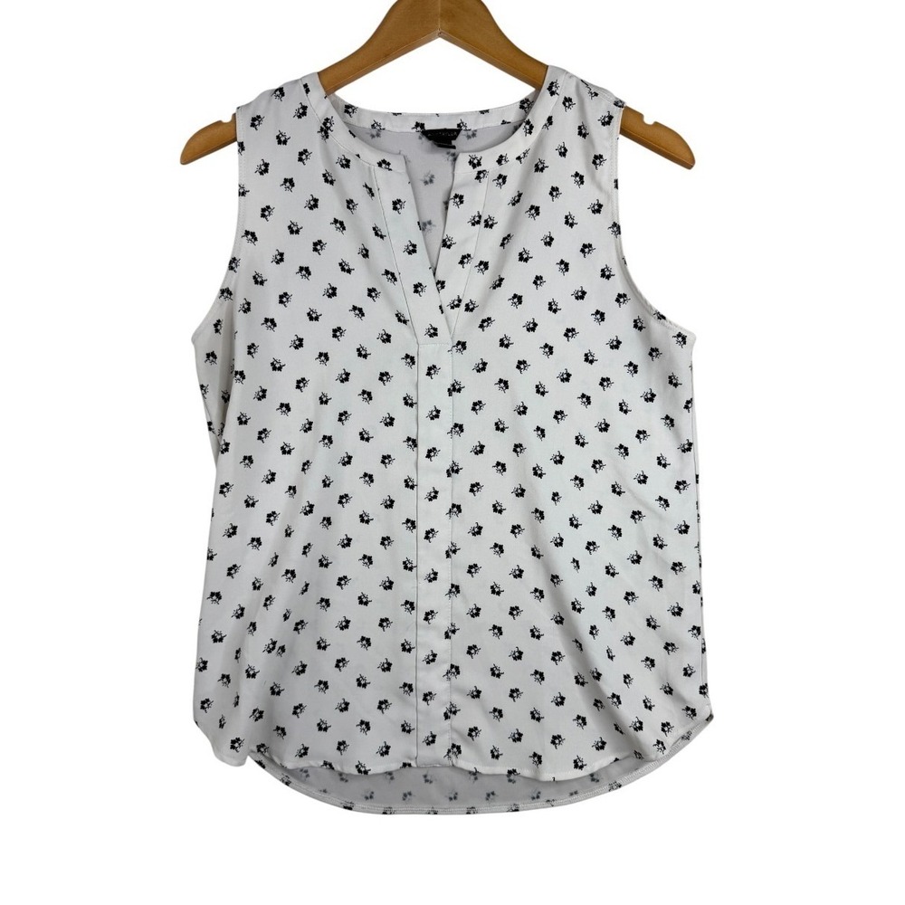 Ann Taylor Floral Print Split Neck Sleeveless Blouse size Small White/Black